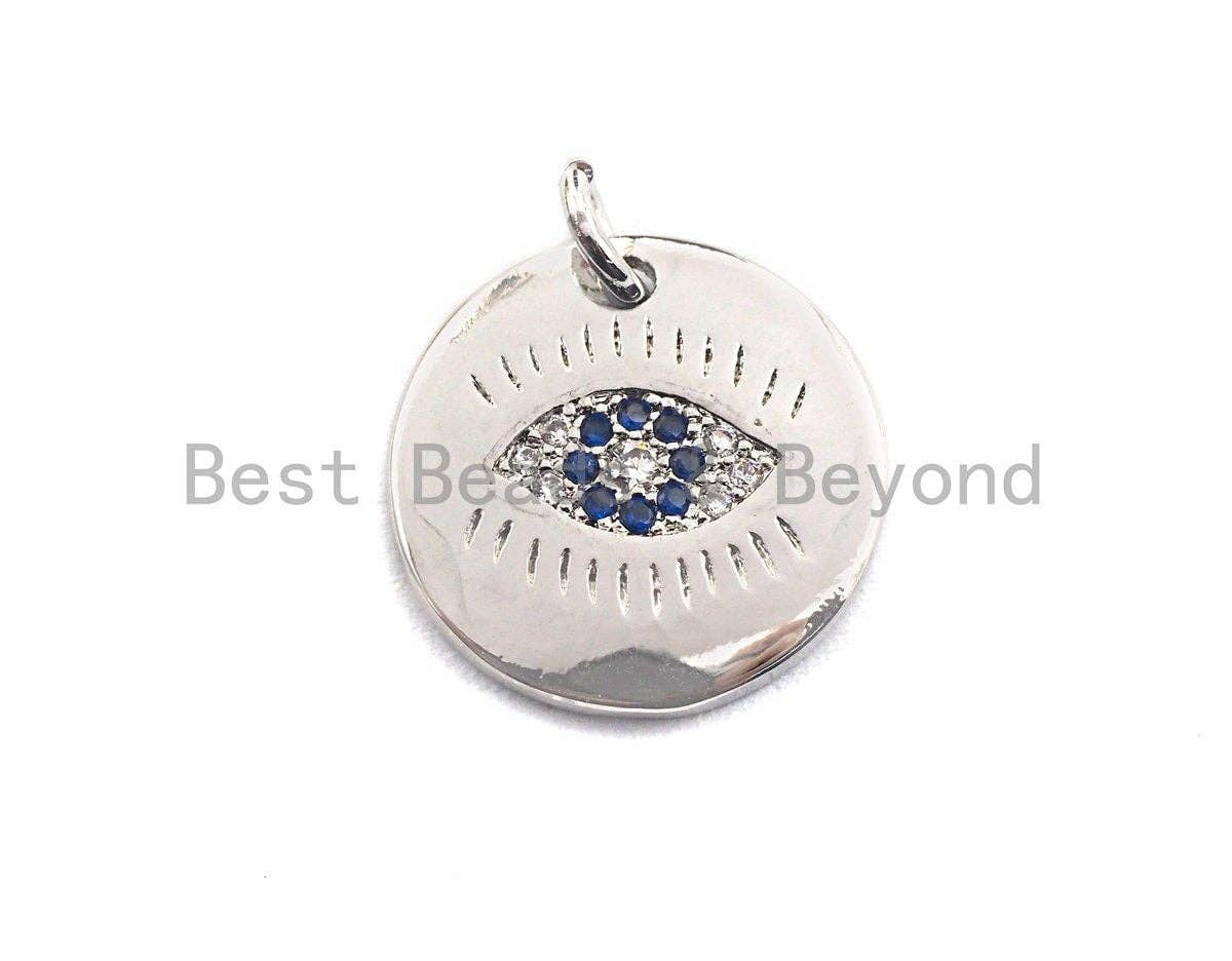 Cobalt CZ Micro Pave Round Evil Eye on Disc Pendant/Charm, Sku#Z417