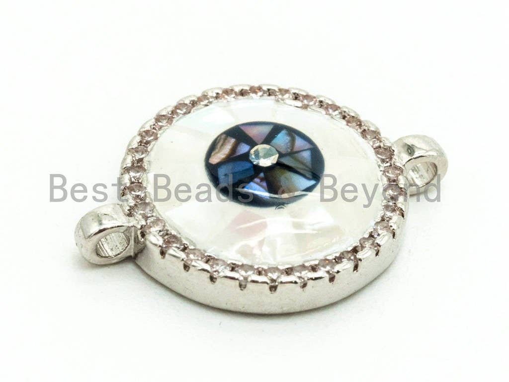 CZ Micro Pave Evil Eye Round Connector with Abalone Pearl Shell, Cubic Zirconia Space Connector, CZ Abalone Stone Charm 13x17mm, 1pc,SKU#Z29