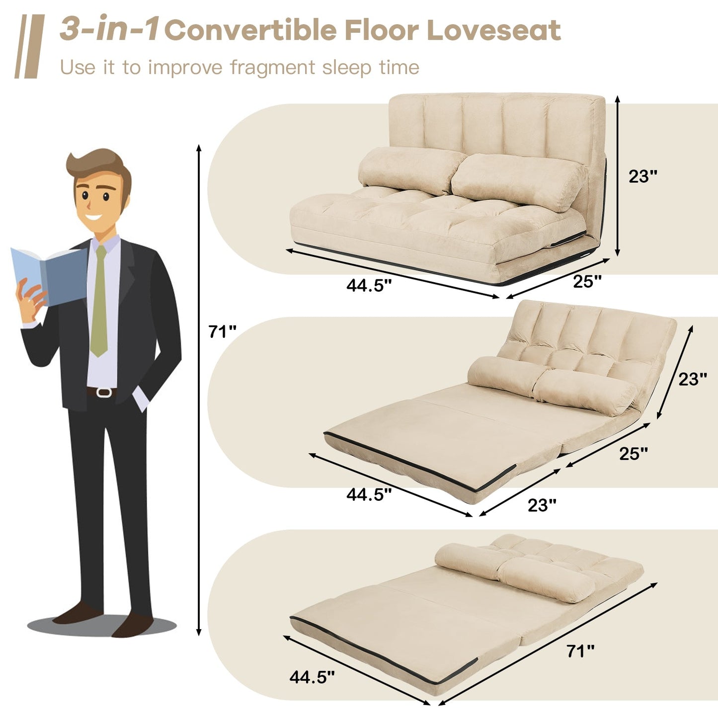 6-Position Foldable Floor Sofa Bed with Detachable Cloth Cover