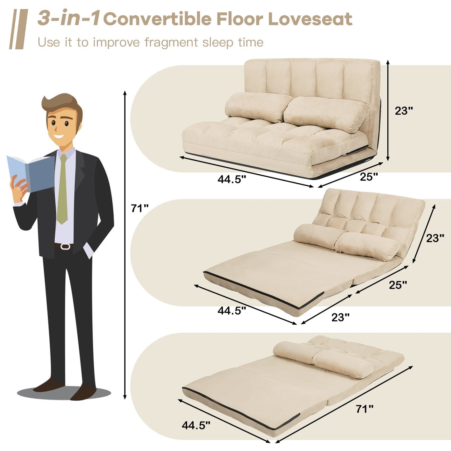 6-Position Foldable Floor Sofa Bed with Detachable Cloth Cover