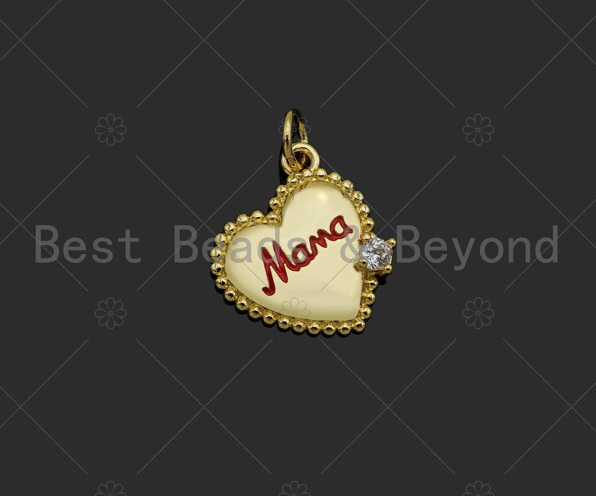 Gold Filled CZ Micro Pave Red Enamel Mama Word On Heart Shape Pendant, 18K Gold Filled Charm, Necklace Bracelet Charm,14x15mm,Sku#LK329