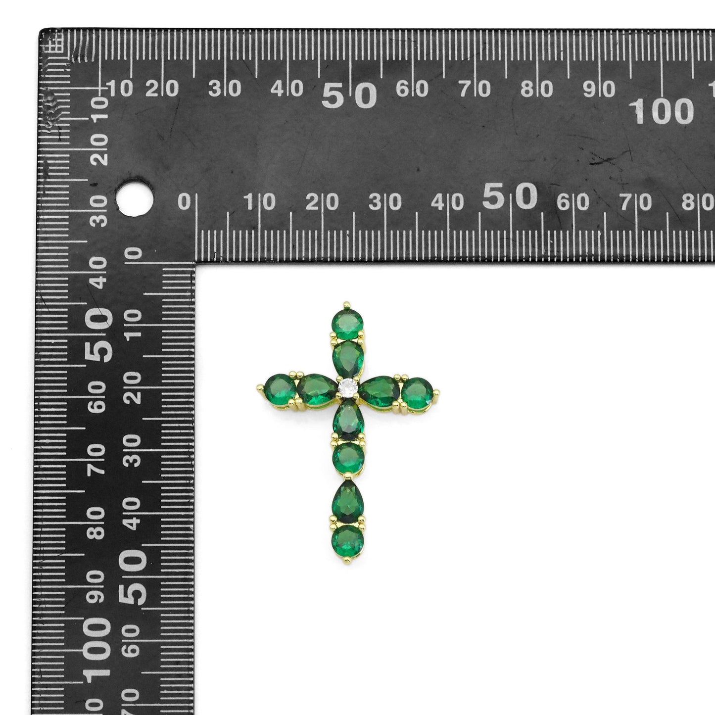 Green Teardrop CZ Gold Cross Charm, Sku#LX356