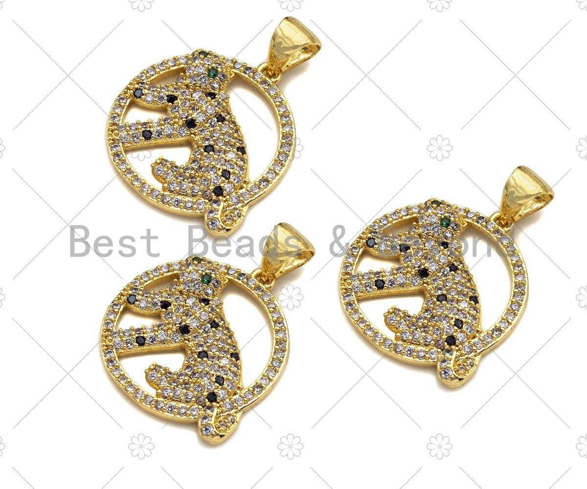 CZ Micro Pave Gold Leopard On Round Ring Shape Pendant, Jaguar Animal Charm, Panther Pave Pendant, Gold plated,18mm, Sku#LK82