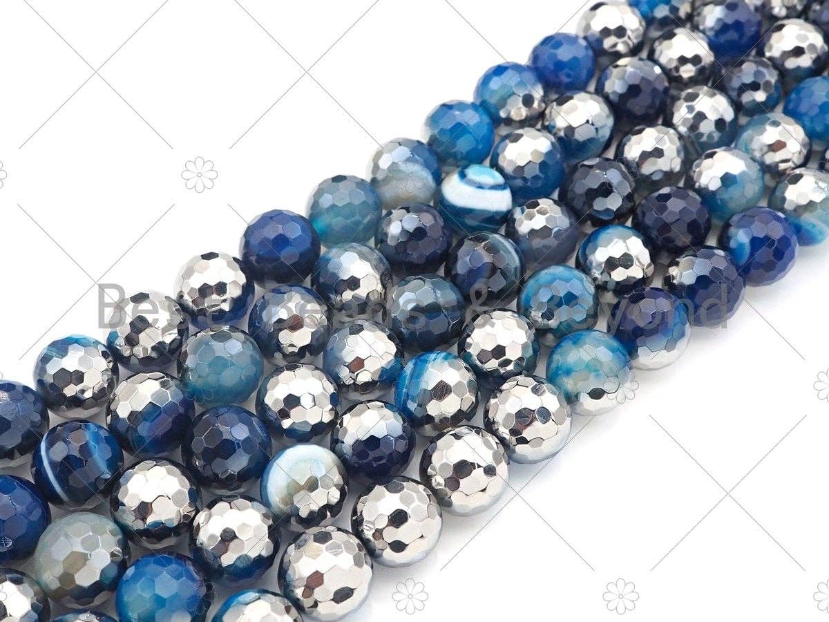 Natural Half Silver Plated Blue Agate Beads, 8mm/10mm/12mm R