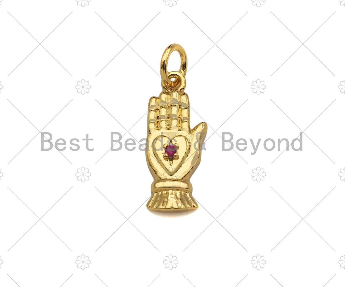 Fuchsia CZ Micro Pave Heart On Hand Shape Pendant/Charm,18K Dainty Gold Palm Charm, Necklace Bracelet Charm Pendant,7x17mm,Sku#Z1321