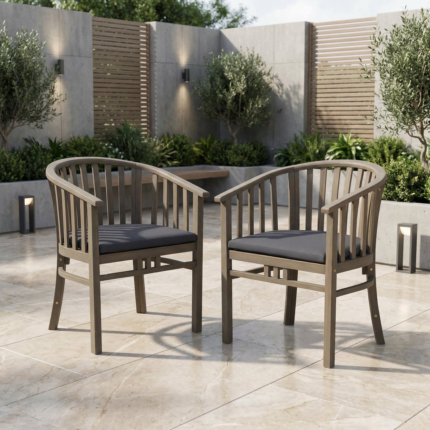 Outdoor Wooden Dining Chairs With Cushions, Set of 2, Dark