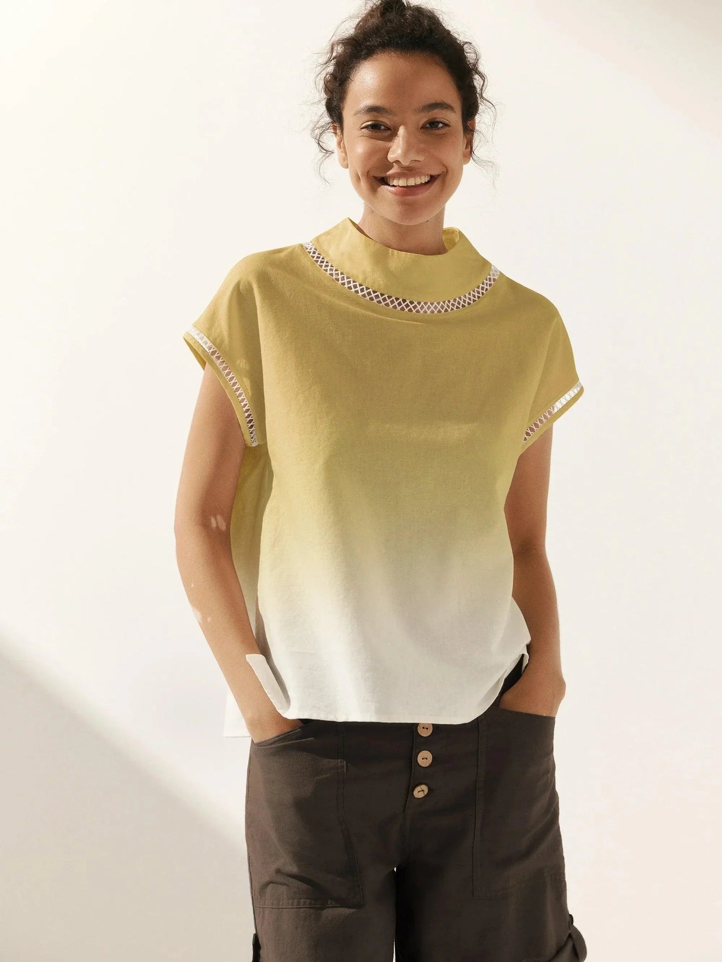 Linen-Cotton Gingham Cutout Turtleneck Top CAROL