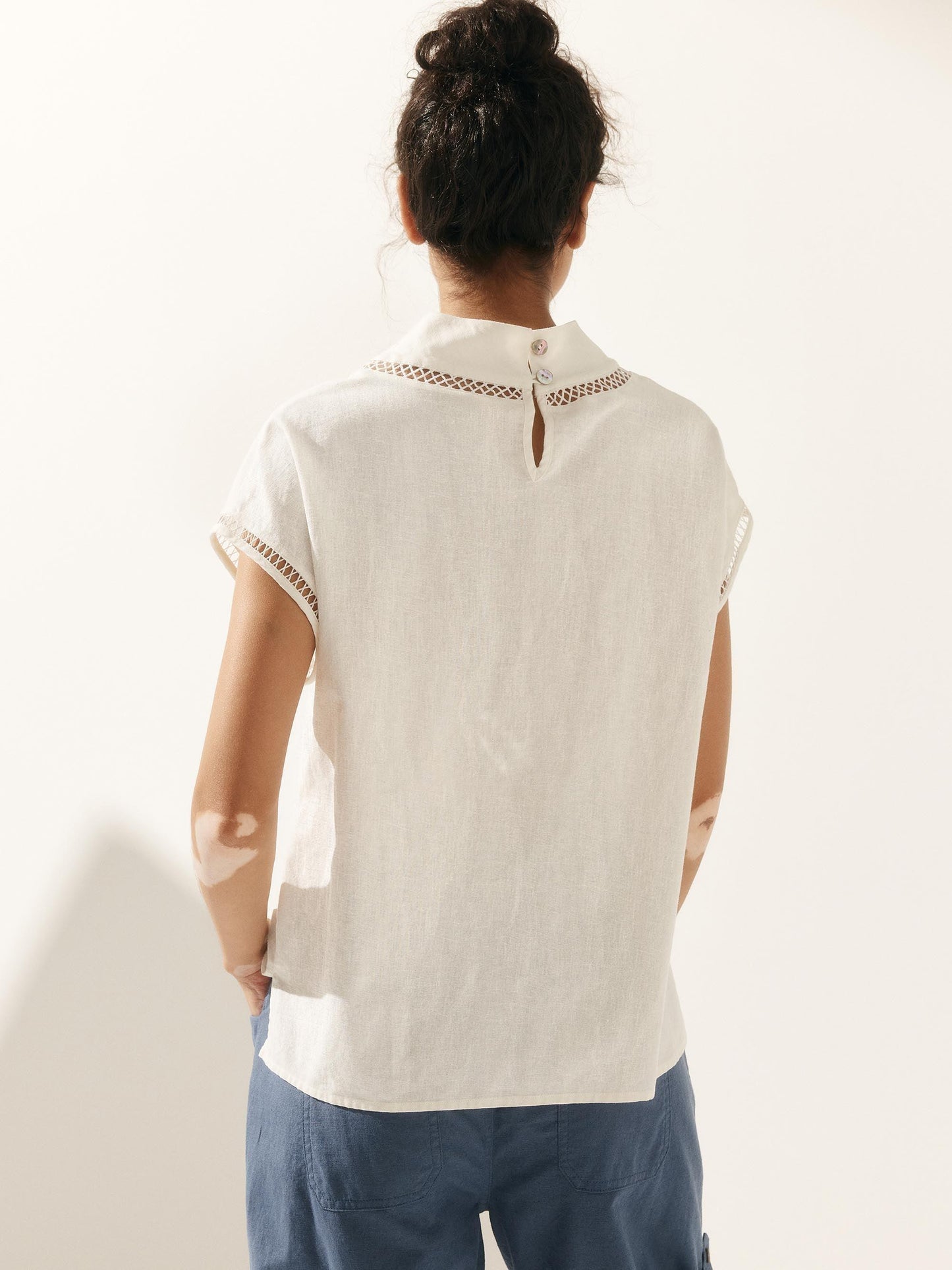 Linen-Cotton Gingham Cutout Turtleneck Top CAROL