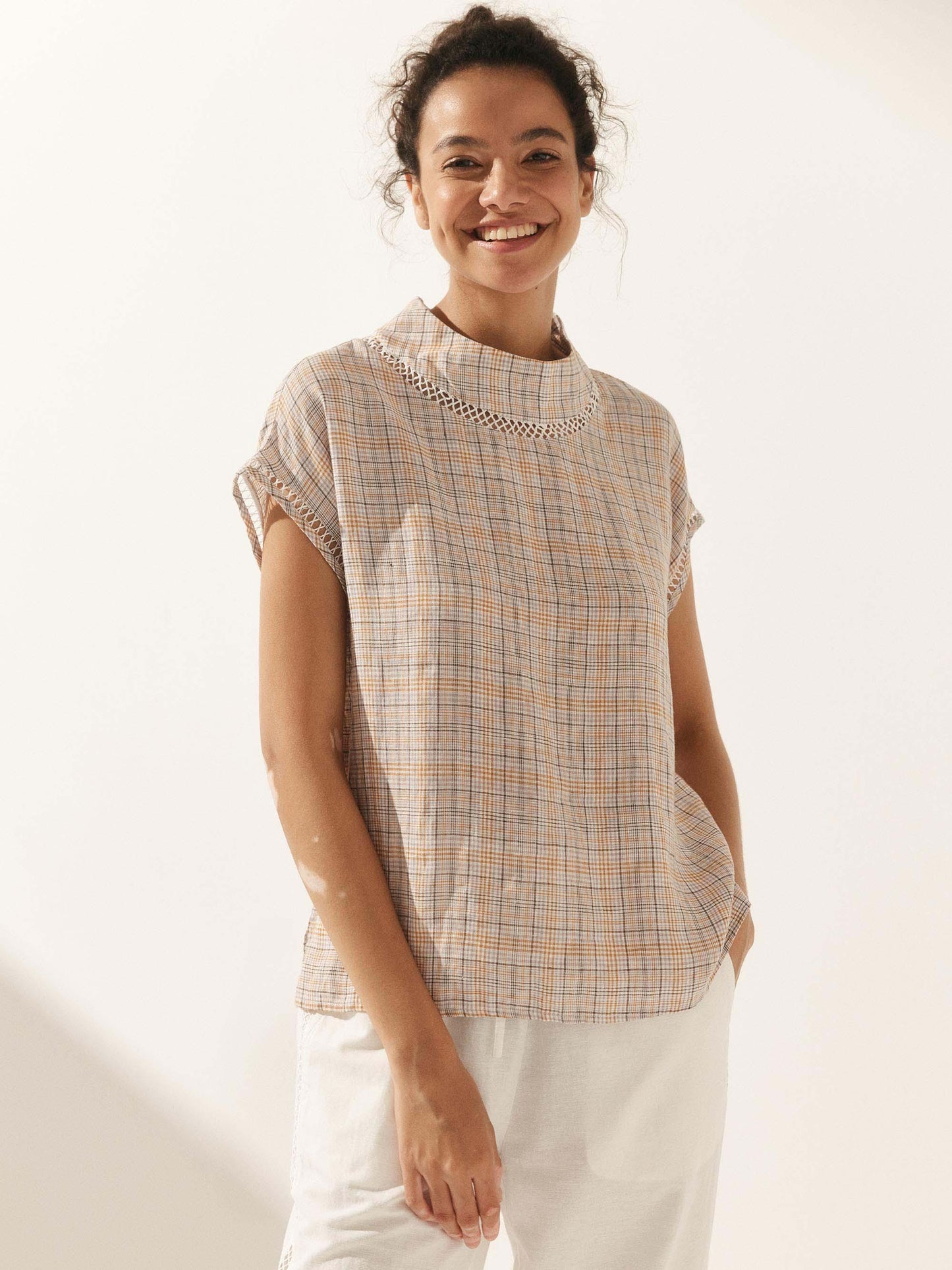 Linen-Cotton Gingham Cutout Turtleneck Top CAROL