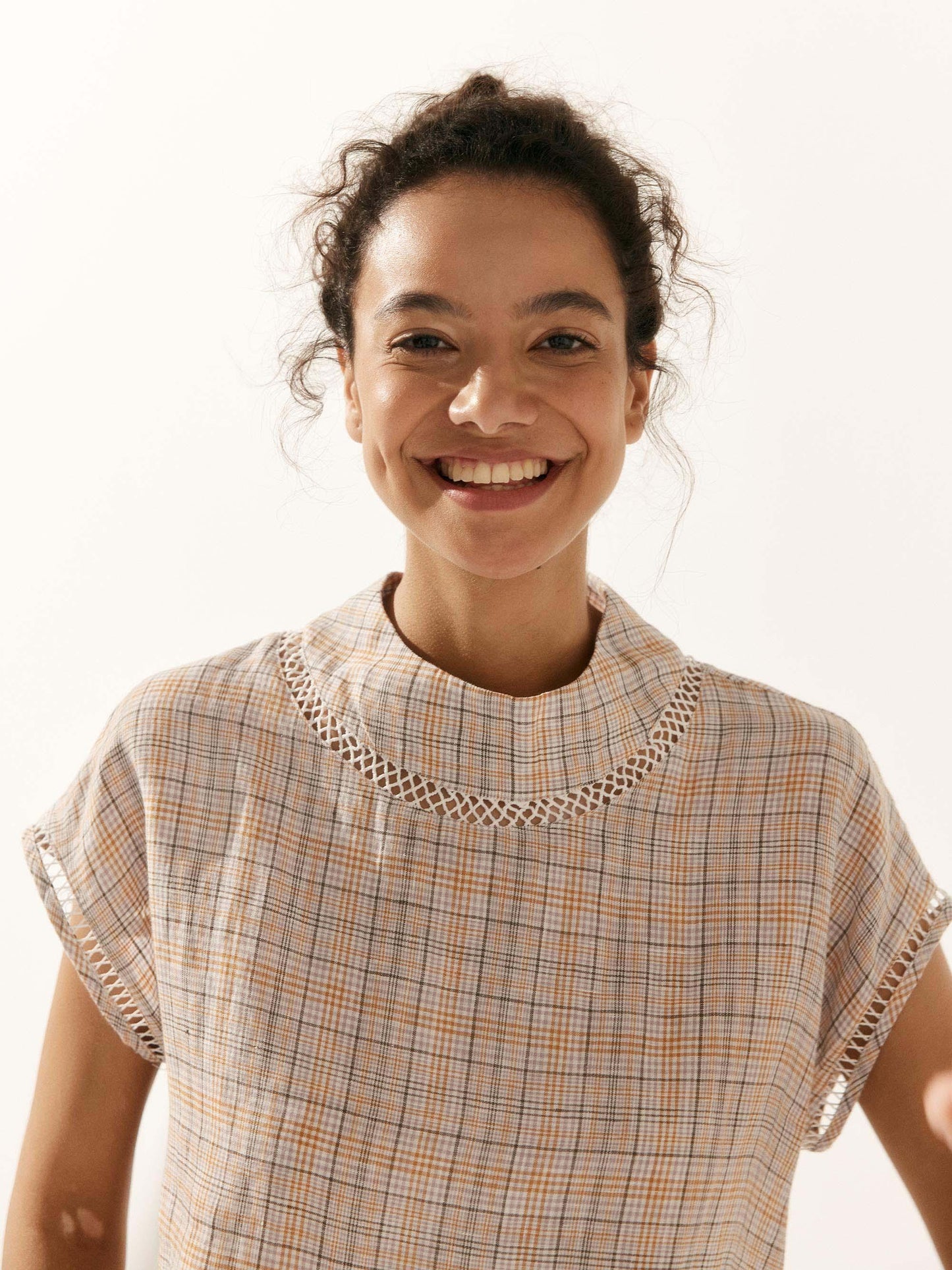 Linen-Cotton Gingham Cutout Turtleneck Top CAROL