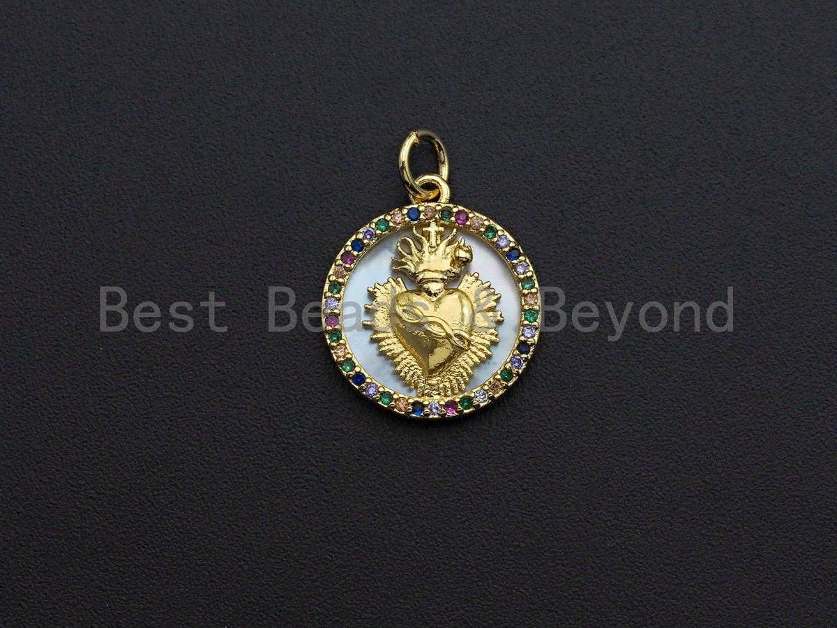 Colorful CZ Micro Pave Heart on Mother-of-pearl Pendant Charm, Cubic Zirconia Charm, 16x18mm,sku#Z844
