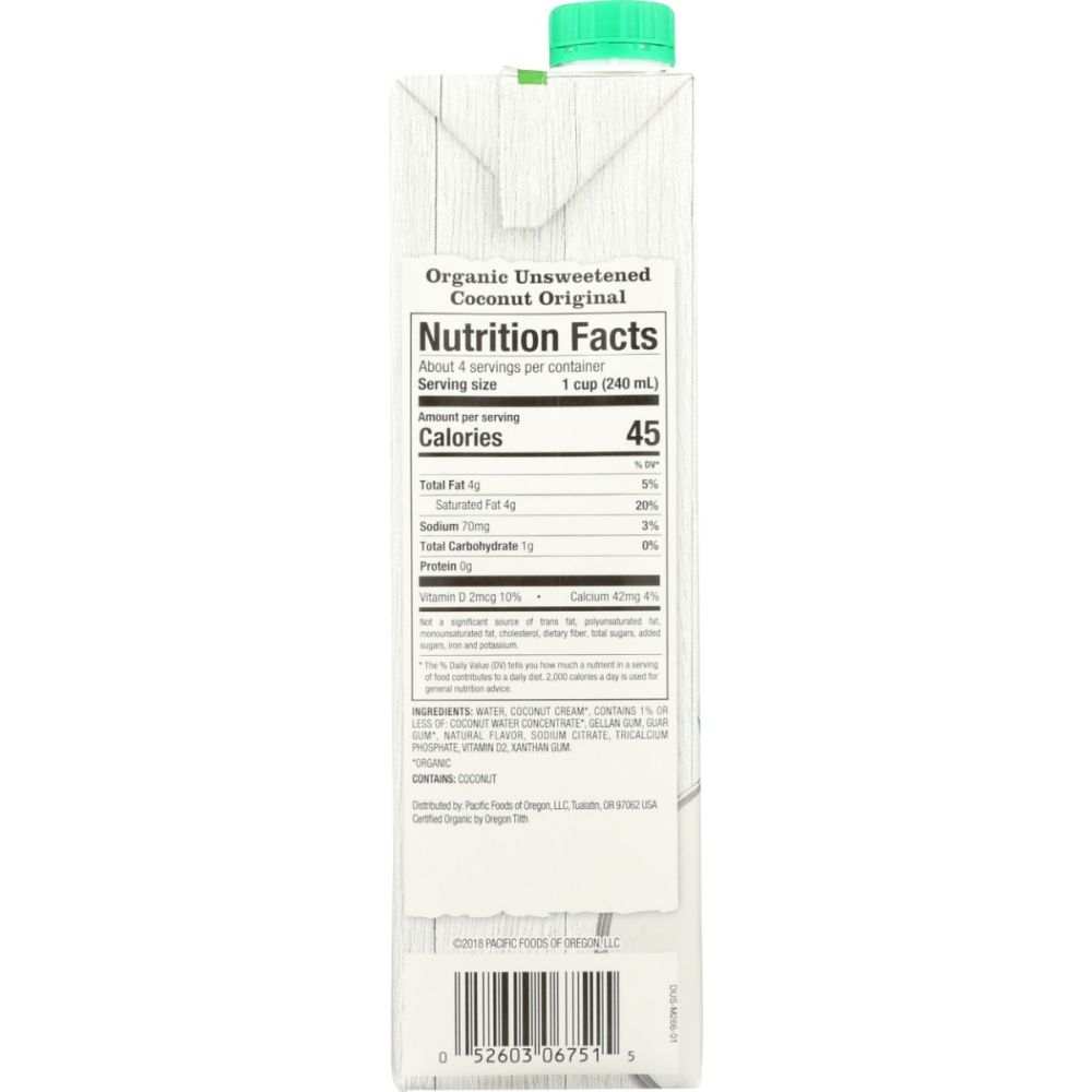 PACIFIC FOODS: Organic Coconut Original Unsweetened Non-Dairy Beverage, 32 oz