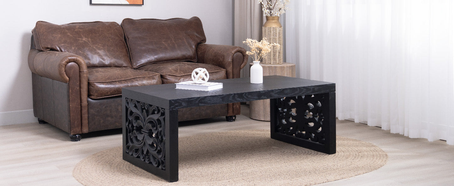 47.2" Solid Black Carved Wood Coffee Table