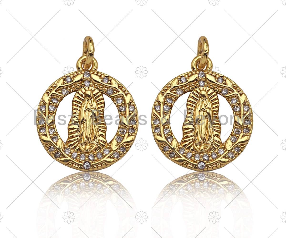 Gold Filled CZ Micro Pave Virgin Mary On Garland Shape Pendant, 18K Gold Virgin Mary Charm, Necklace Bracelet Pendant, 15x18mm, Sku#Y438