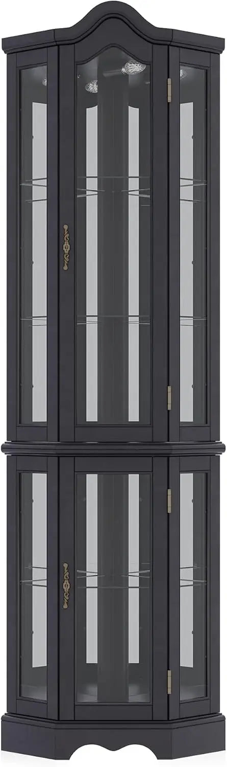 Lighted 3-Side Glass Display Curio Cabinet w/Tempered Glass Doors and Shelves, Curved Wood Corner Cabinet with Bulb, Corner S