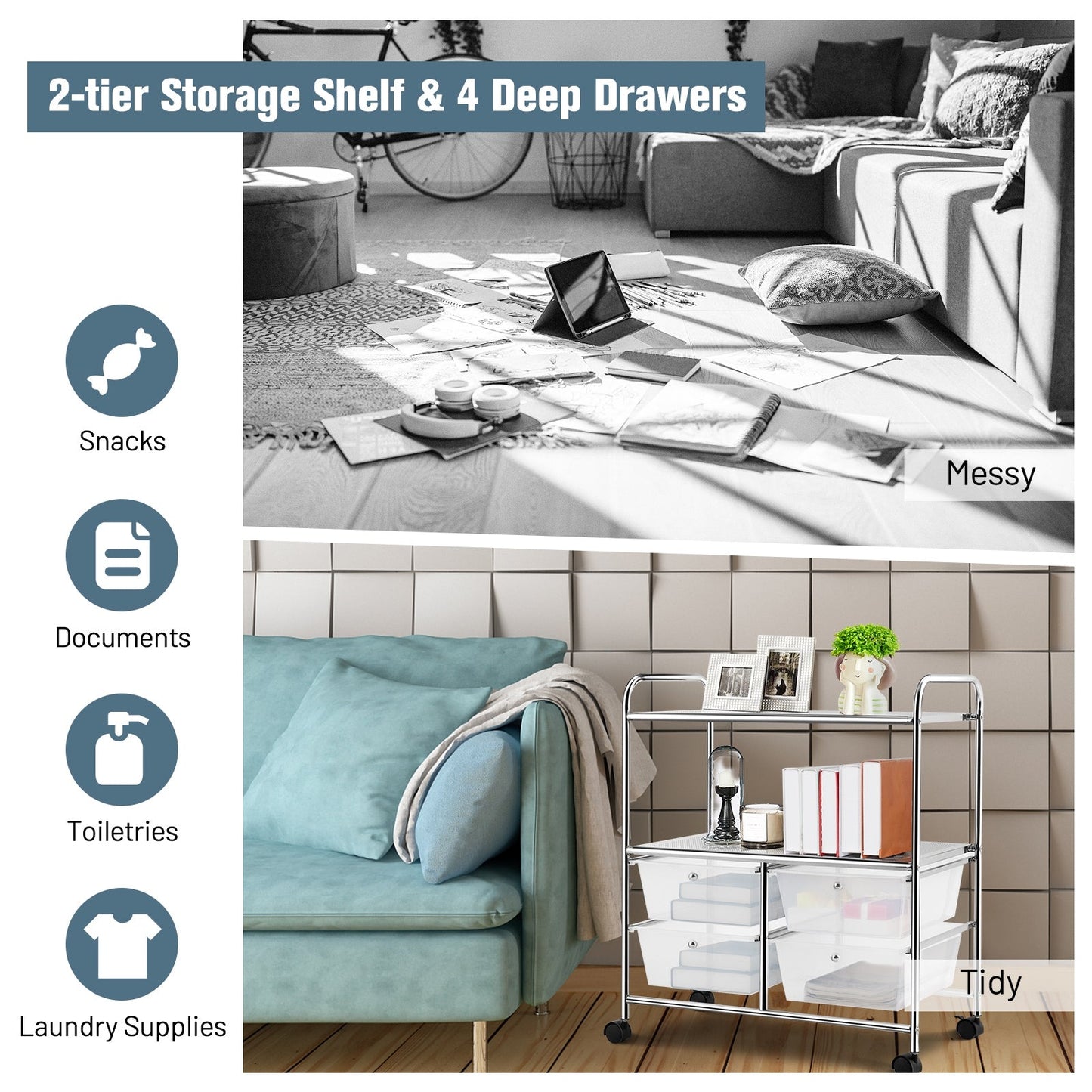 Mobile 4 Drawers Shelves Rolling Storage Cart Rack