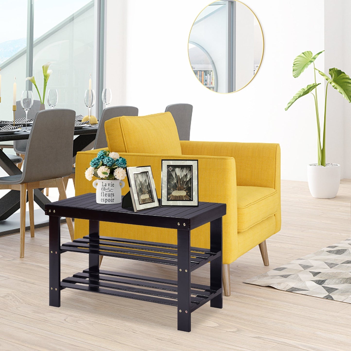 3 Tier Bamboo Bench Storage Shoe Shelf-Natural