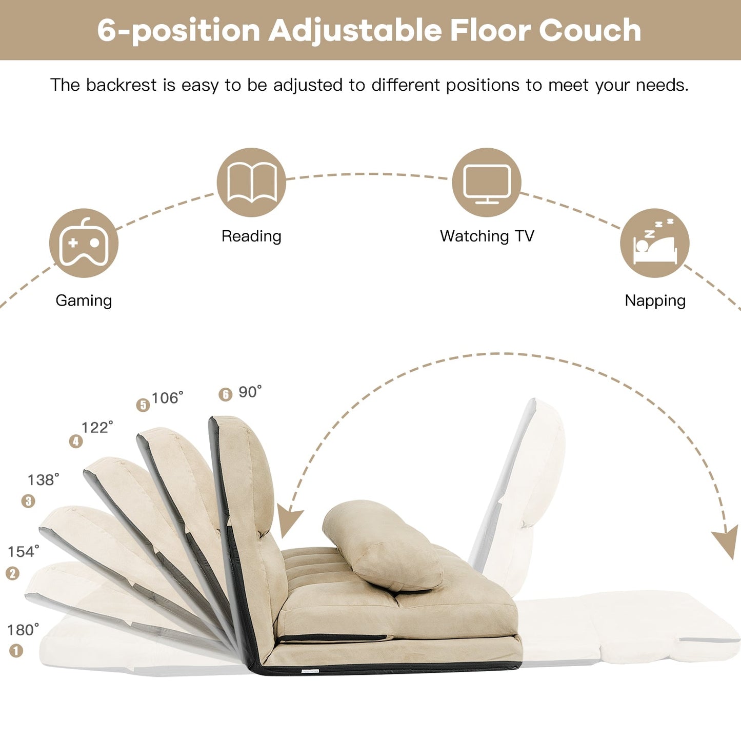6-Position Foldable Floor Sofa Bed with Detachable Cloth Cover