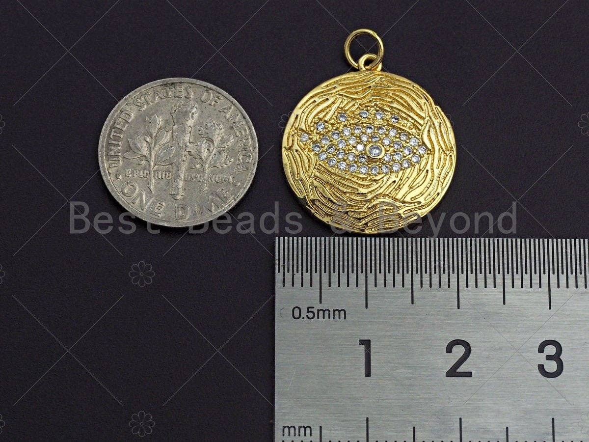 18K Gold Finish Evil Eye On Round Coin Shape Pendant, Round Charm, Evil Eye Pave Pendant, Gold plated, 20mm, Sku#LK62