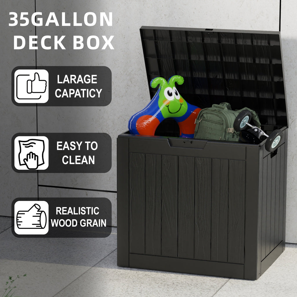 Boîte de rangement extérieure en résine de 35 gallons – Noir/Grain de bois