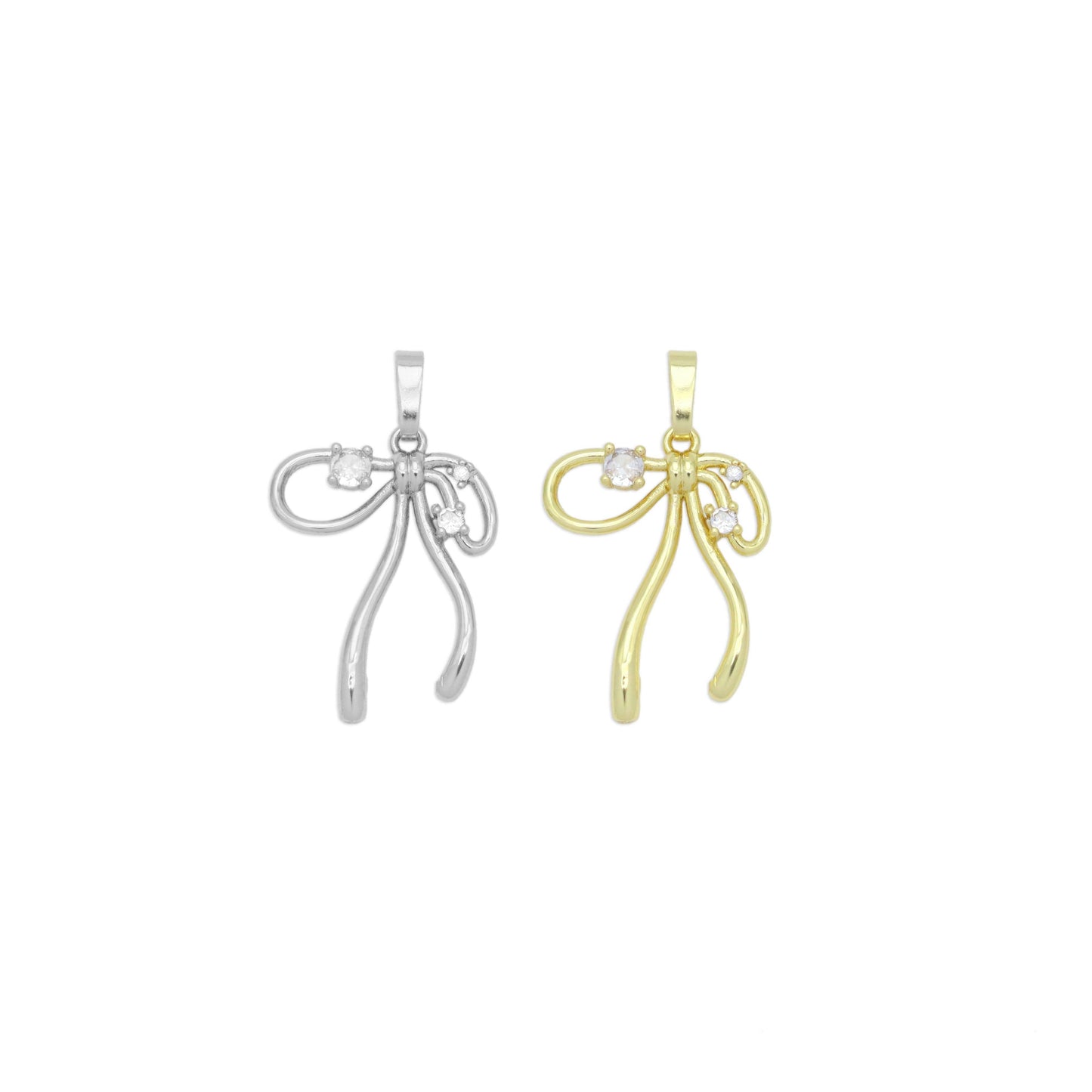 Gold Clear CZ Bow Charm Pendant, Sku#A416