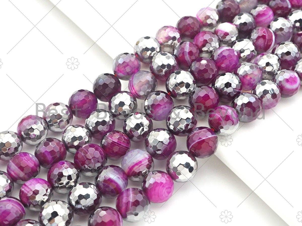 Natural Half Silver Pink Agate Beads, 8mm/10mm/12mm Round Faceted Pink Agate Beads, 15.5 Full Strand, sku# UA120
