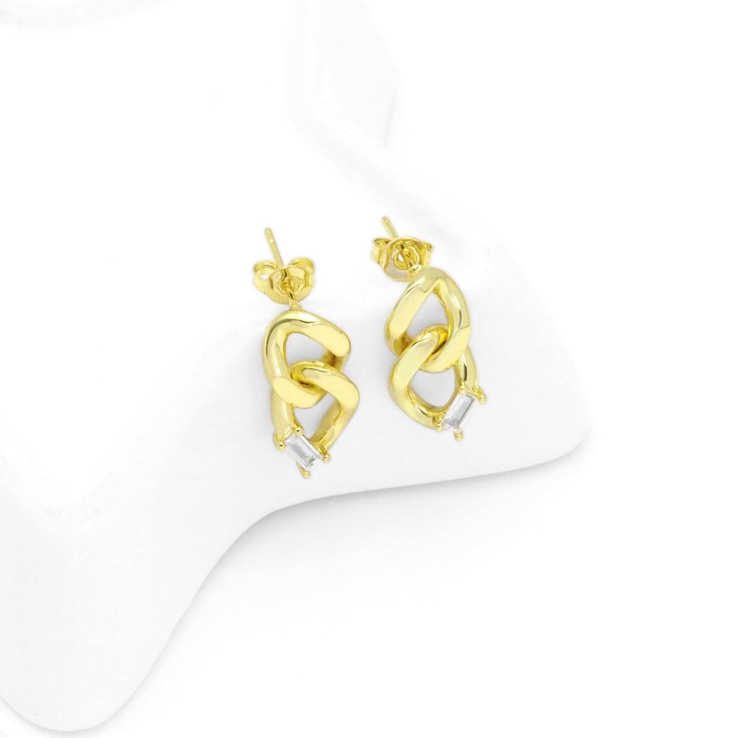 Gold CZ Oval Link Chain Stud Earrings, Sku#LK854
