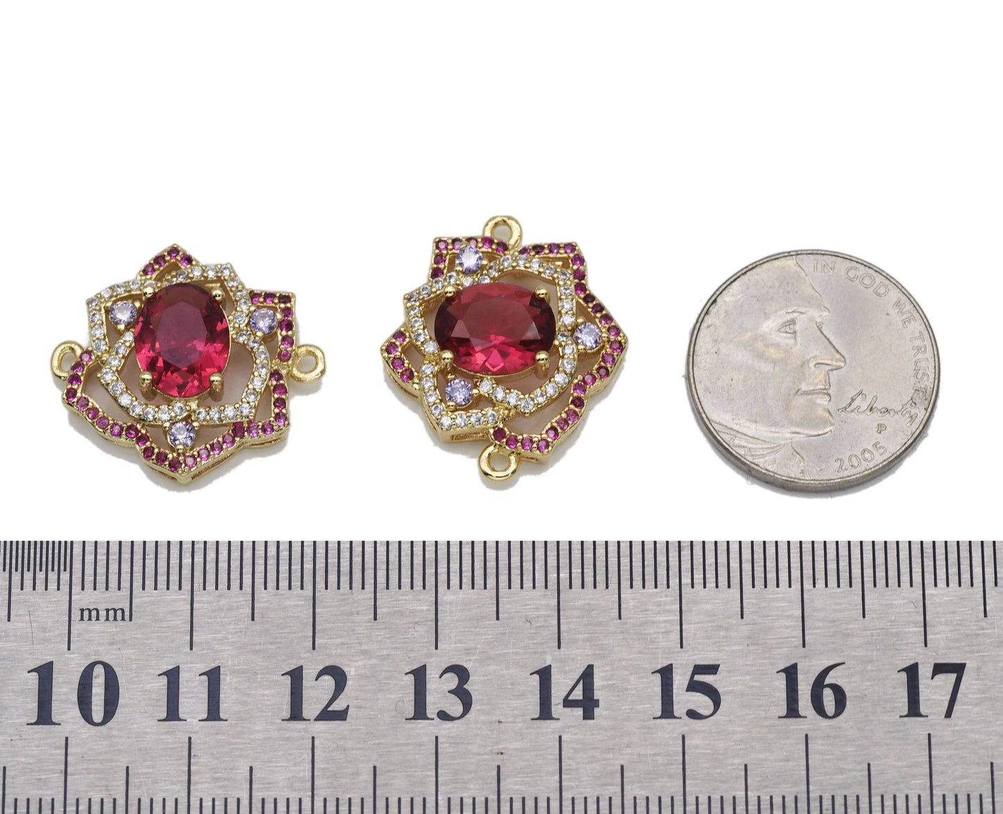 Fuchsia CZ Rose Flower Frame Charm, Sku#LK750