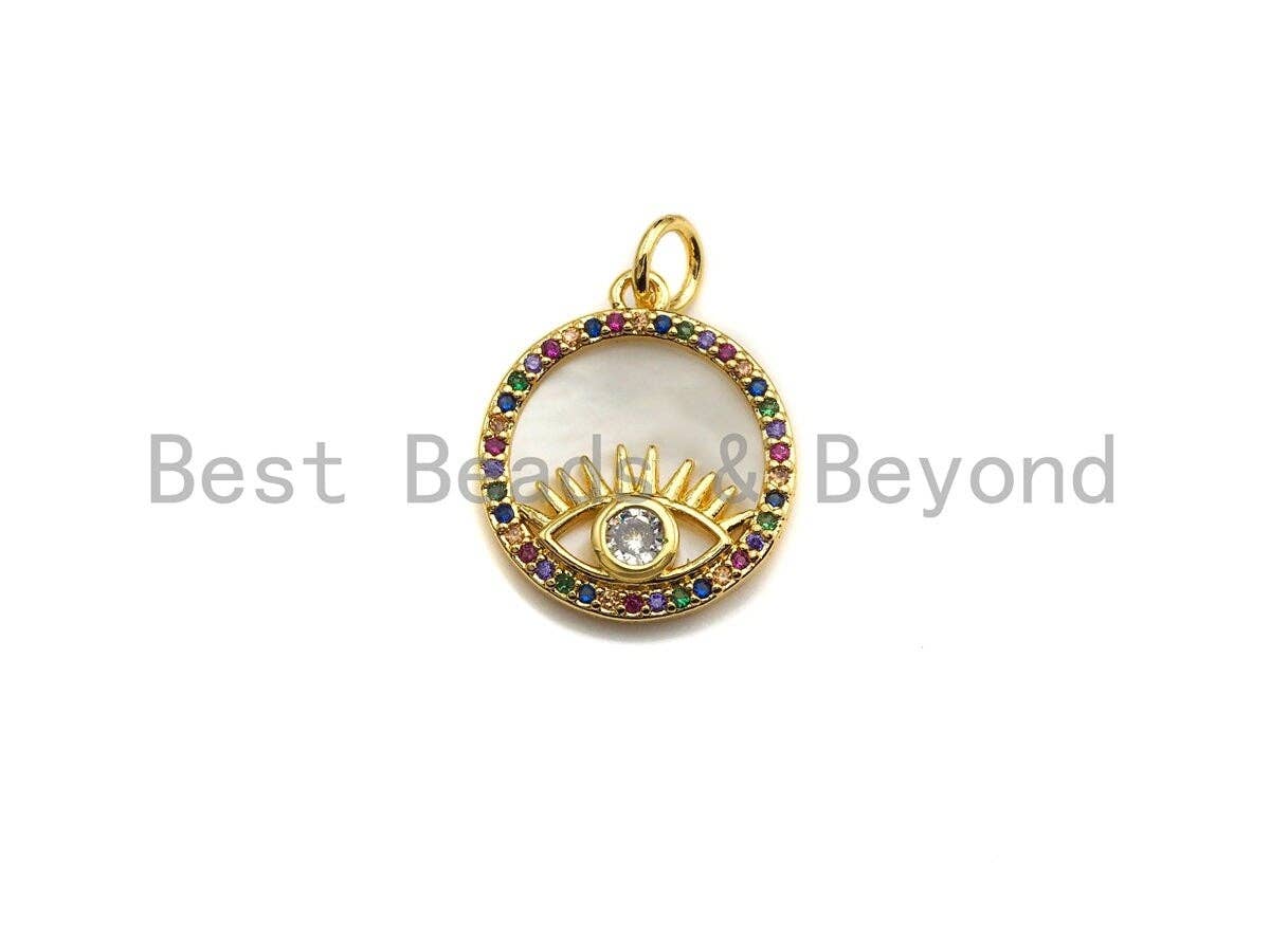 Colorful CZ Micro Pave Colorful Evil Eye Heart on Mother-of-pearl Pendant Charm, Cubic Zirconia Charm, 16x18mm,sku#Z847