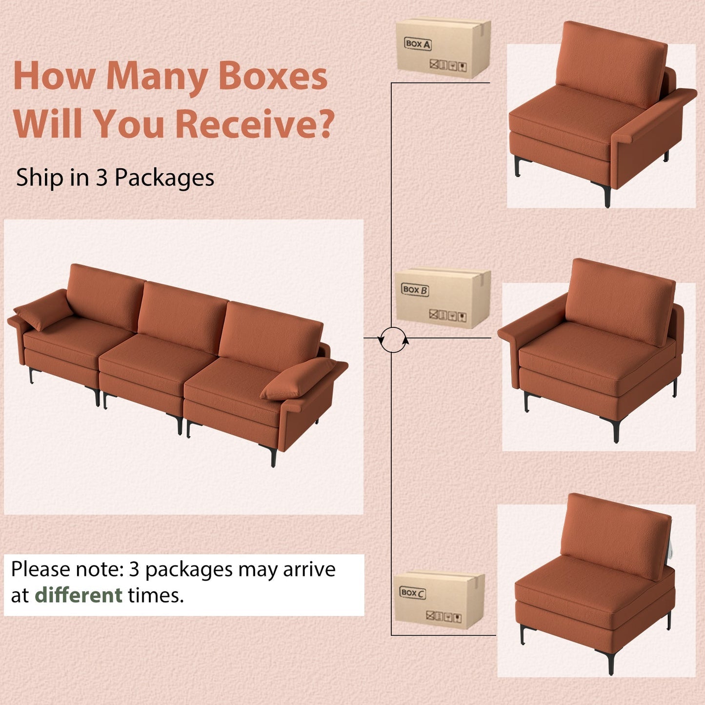 Large 3-Seat Sofa Sectional with Metal Legs and 2 USB Ports for 3-4 people