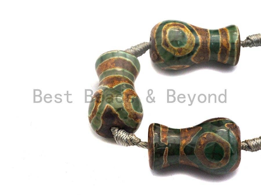 1pc/10pcs Etched Tibetan agate Vase Shape Beads, Dzi Agate Beads, Chunky Tibetan Agate, Green Brown Agate Beads, 15x25mm, Sku#U515