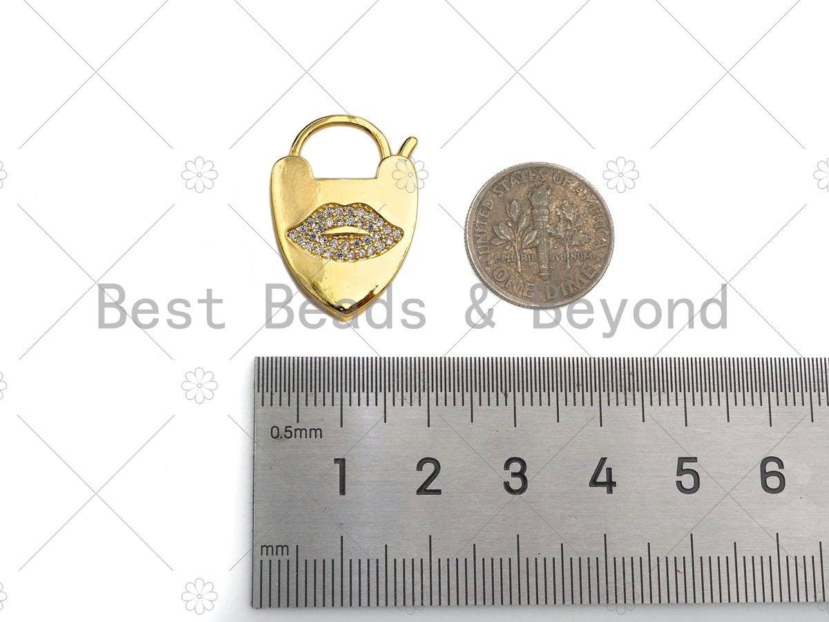 CZ Micro Pave Lips Padlock Clasp Charms, Lip CZ On Padlock Clasp, Gold Charm Pendant, Padlock Necklace Charm Connector, 17x24mm, Sku#K161