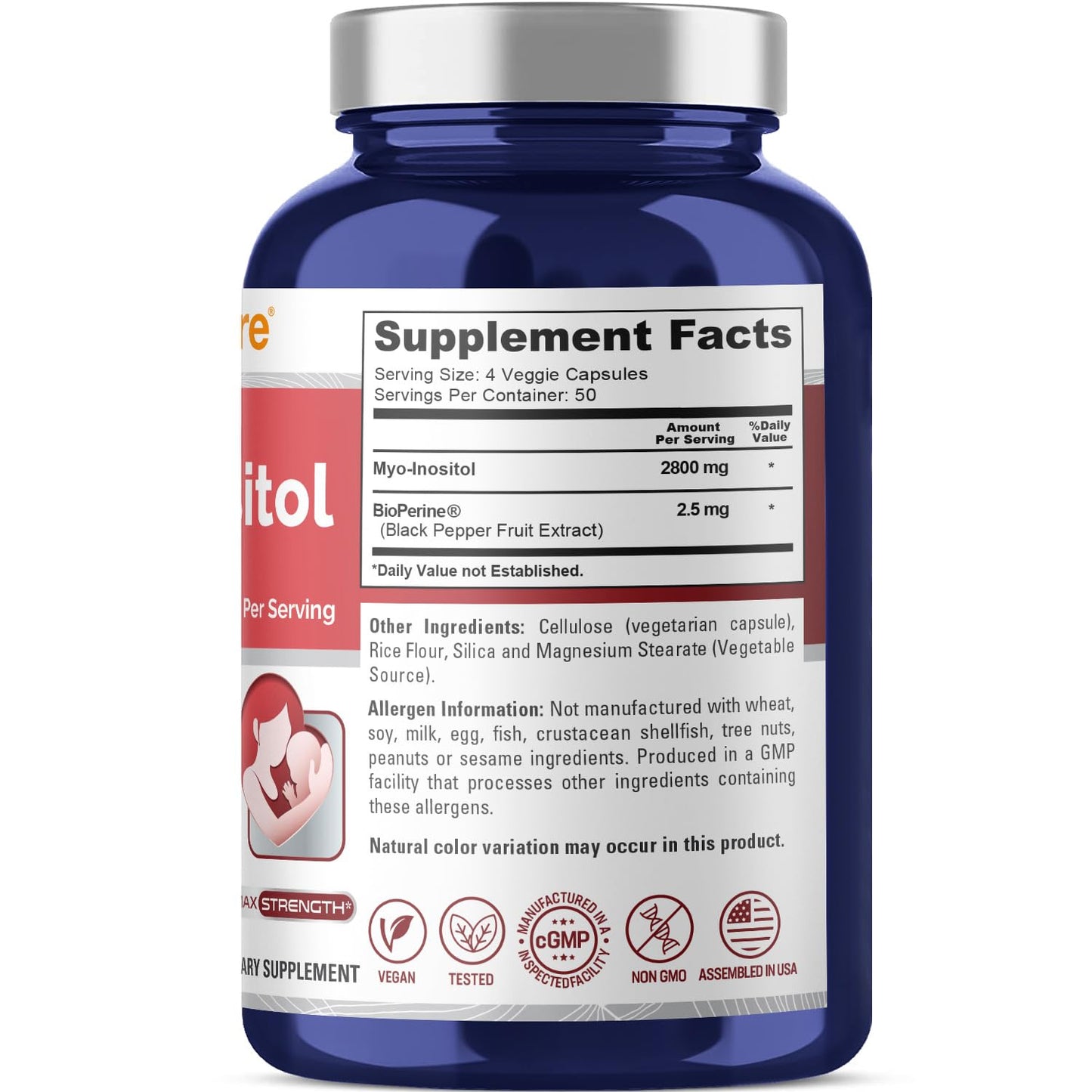 NusaPure Myo-Inositol - Suitable for Vegetarian/Vegan, Non - GMO - 2800mg, 200 Capsules