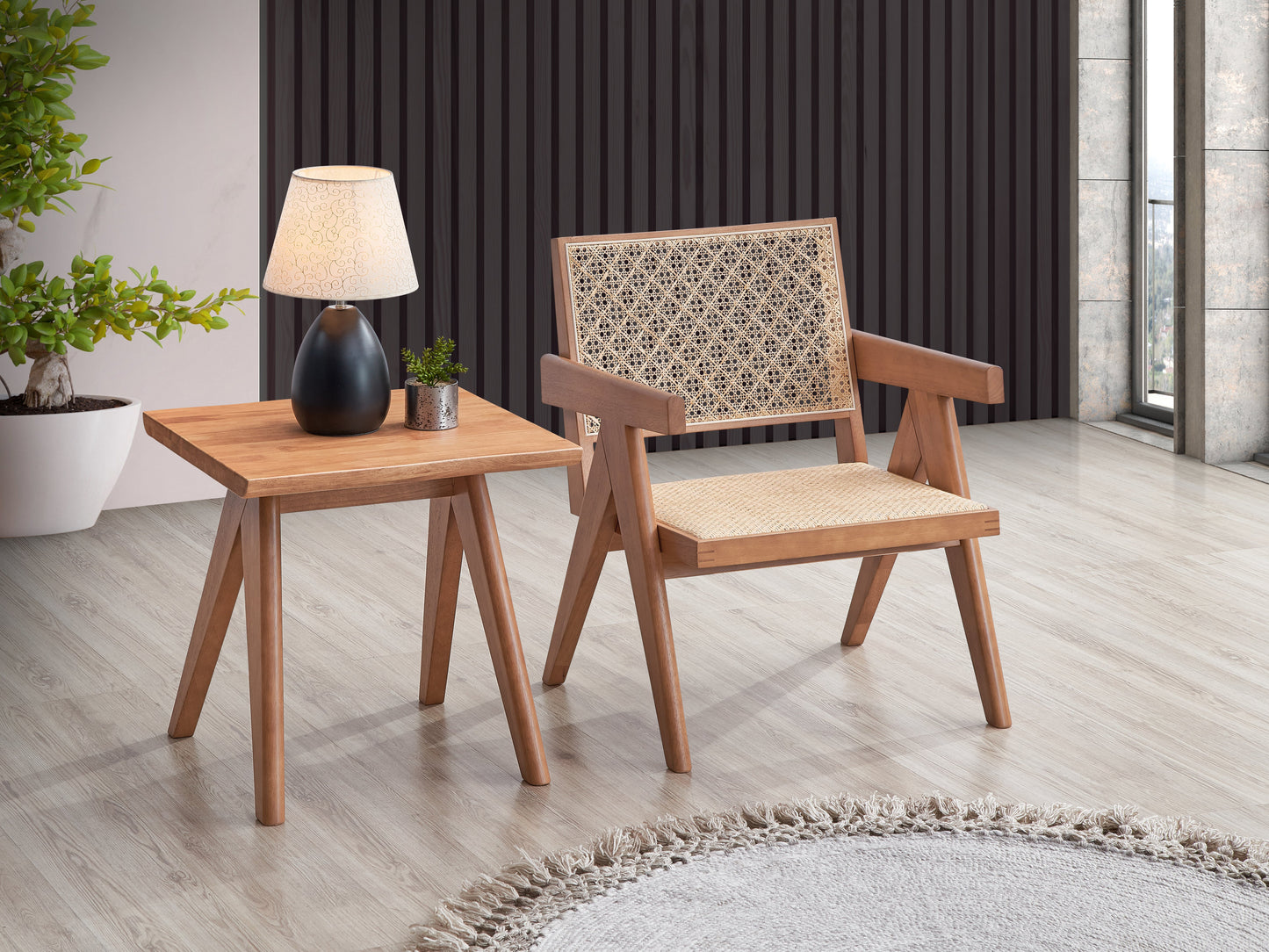Natural Wood Armchair and Matching Square End Table, 2-Piece Living Room Set