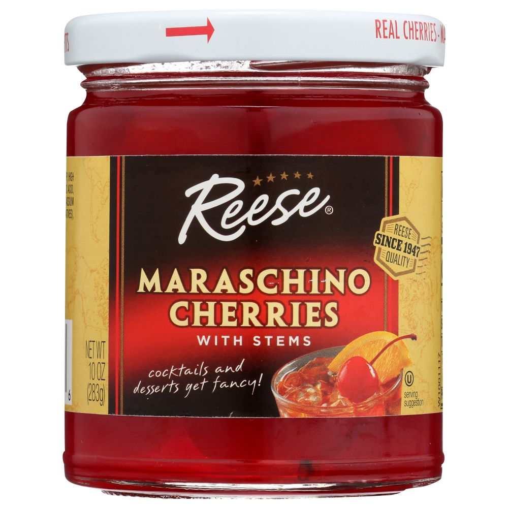 REESE: Red Maraschino Cherries with Stems, 10 oz