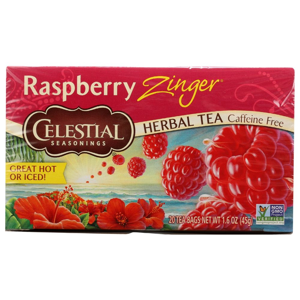 CELESTIAL SEASONINGS: Raspberry Zinger Herbal Tea Caffeine 20 Tea Bags, 1.6 oz