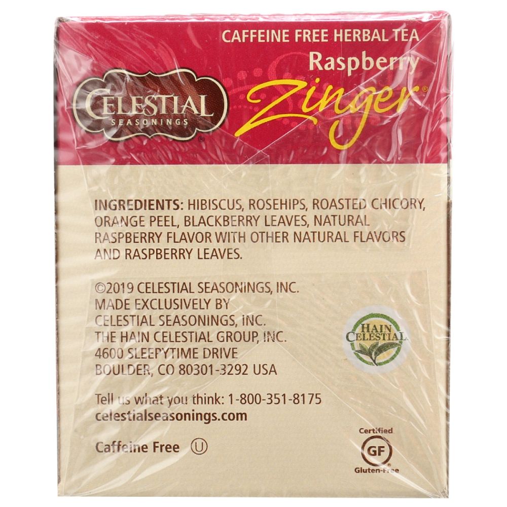 CELESTIAL SEASONINGS: Raspberry Zinger Herbal Tea Caffeine 20 Tea Bags, 1.6 oz