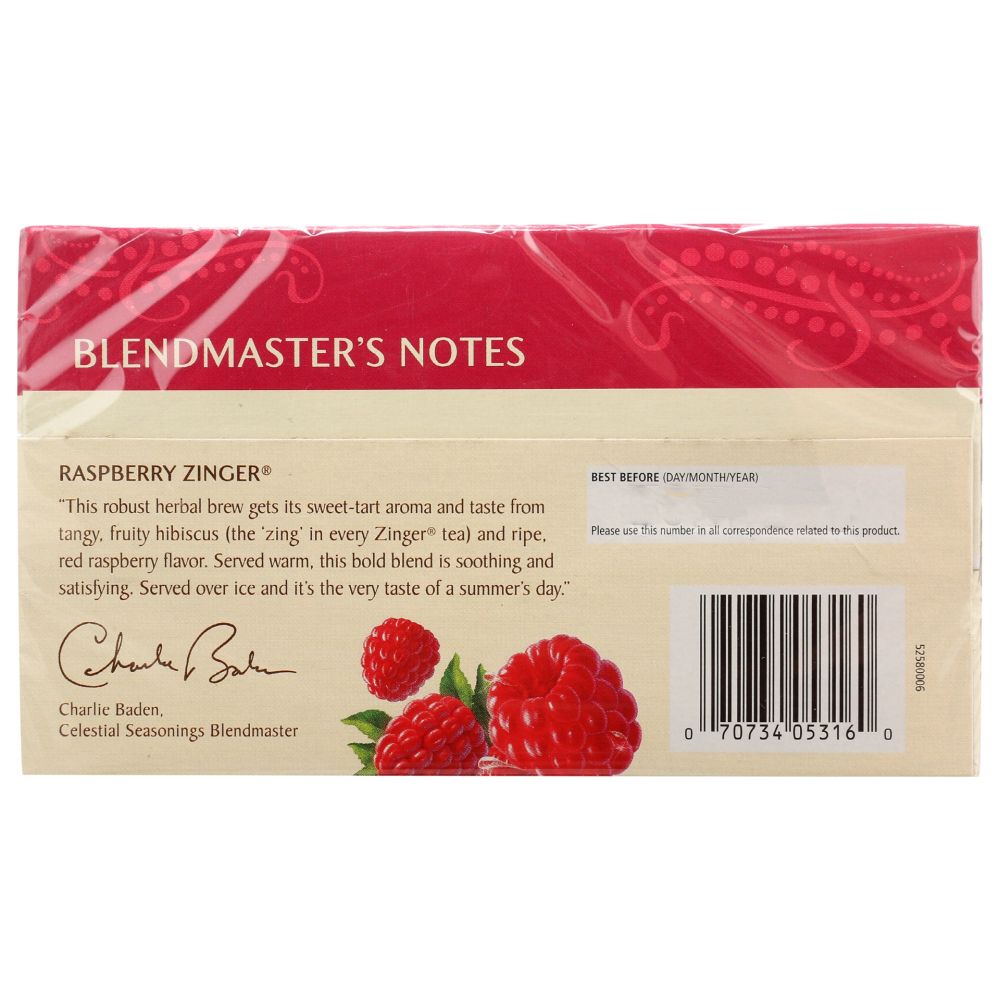 CELESTIAL SEASONINGS: Raspberry Zinger Herbal Tea Caffeine 20 Tea Bags, 1.6 oz