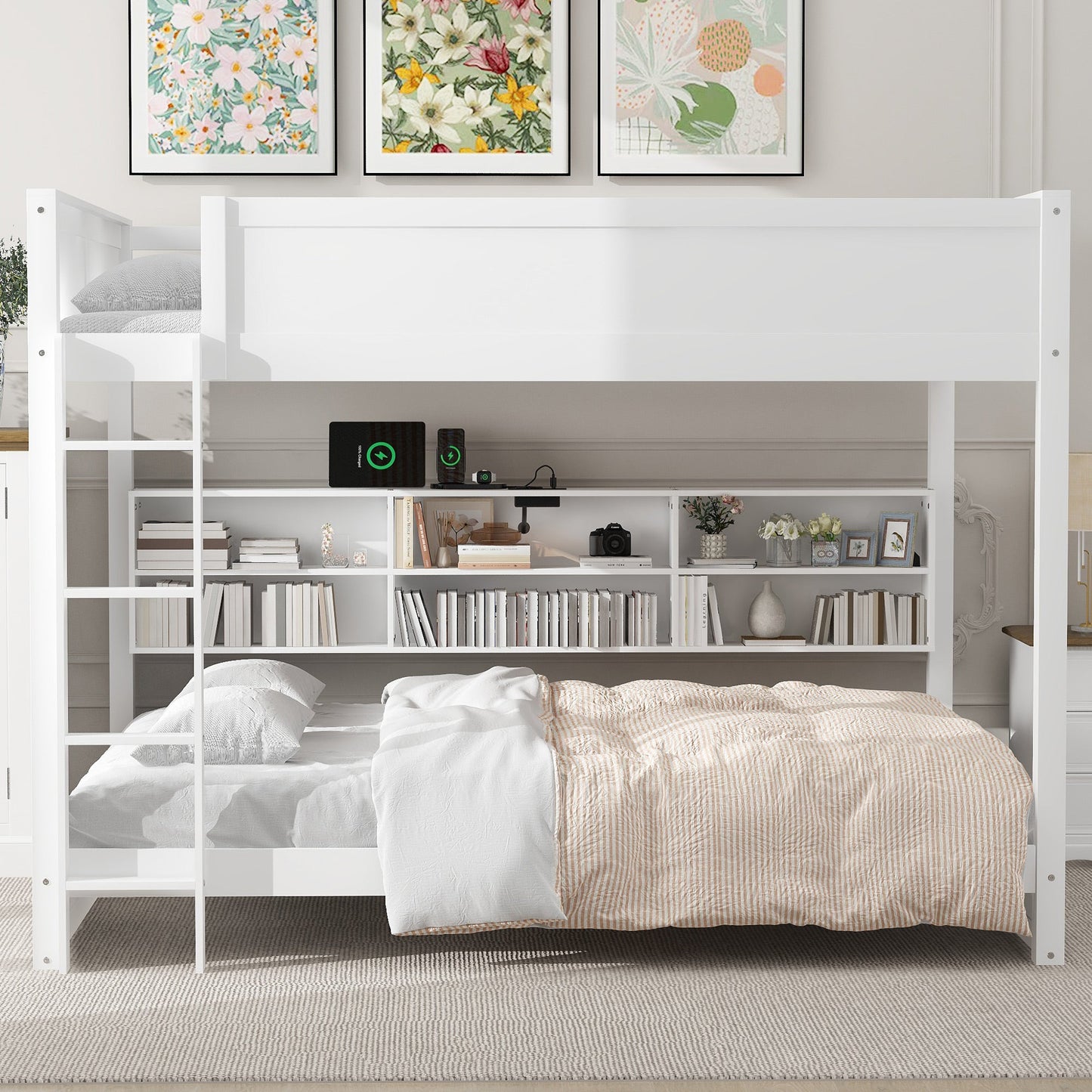 Queen Over Queen Bunk Bed with Storage Cabinets and USB Ports