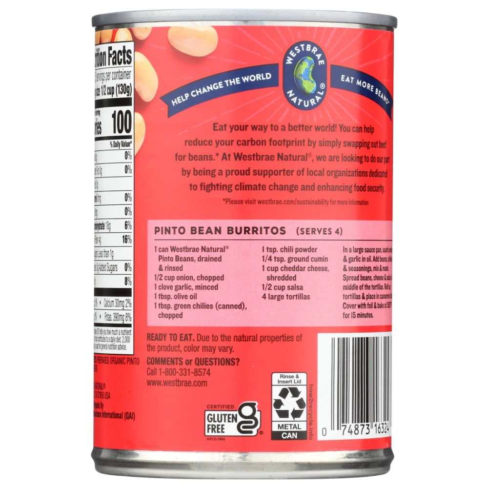 WESTBRAE: Organic Pinto Beans No Salt Added, 15 oz