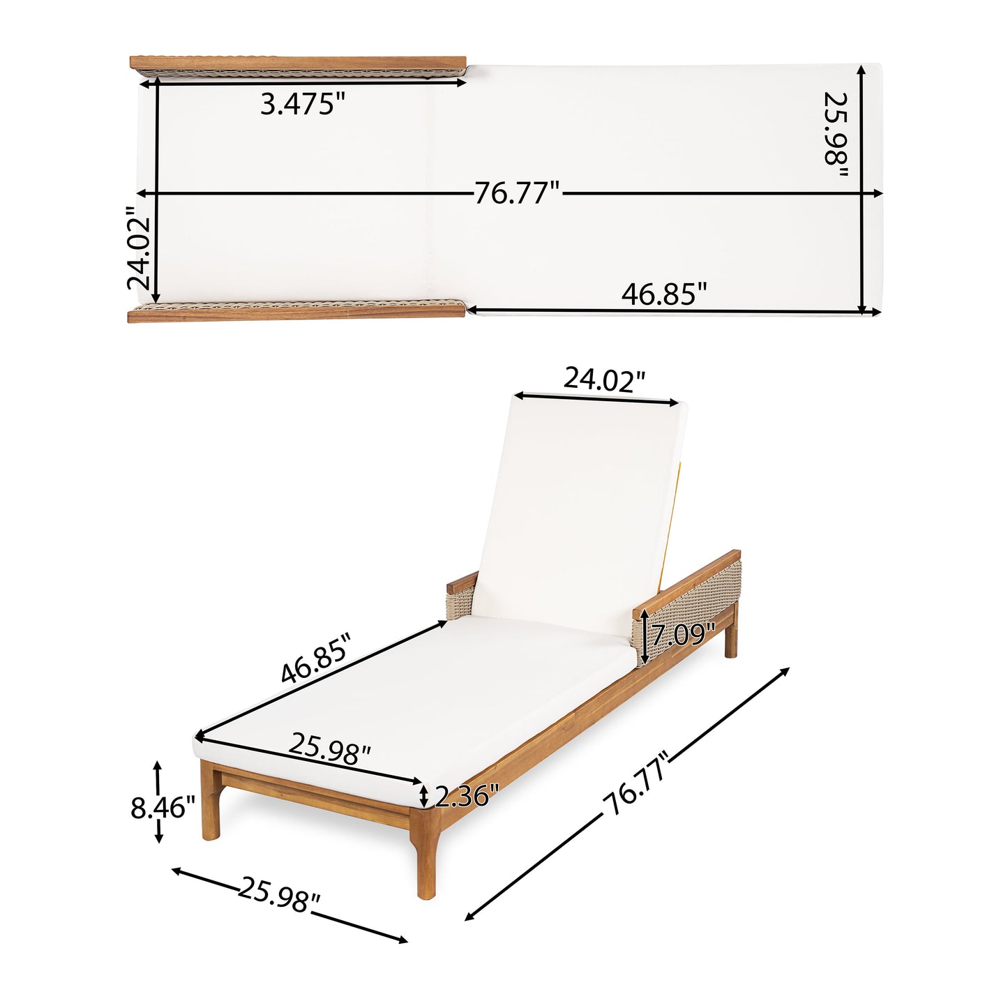 76.8" Solid Acacia Wood Sun Chaise Lounger Set of 2