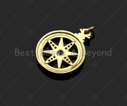 CZ Micro Pave Compass Star On Round Coin Pendant/Charm, Compass Star Cubic Zirconia Charm,Necklace Bracelet Charm Pendant,18x27mm,sku#L434