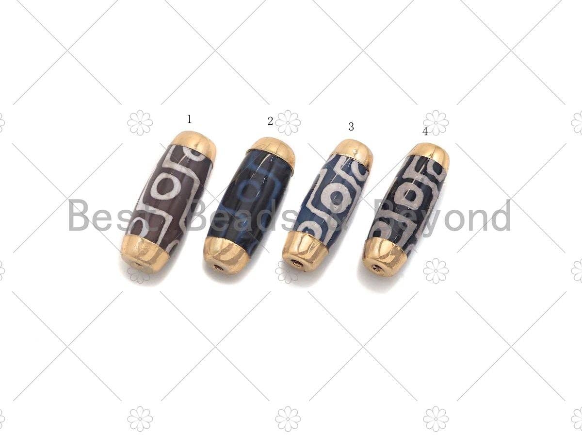 16x39mm Large Natural Tibetan Agate Barrel Shape Spacer Beads, Gold Tone, Dzi Agate Spacer, Eye Agate, Oval Tibetan Agate Beads, sku#U948