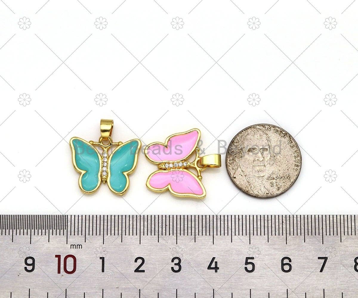 CZ Micro Pave Enamel Colorful Butterfly with Rose flower on Back Side Shape Pendant, 18K Gold FilledButterfly Charm,Sku#FH182