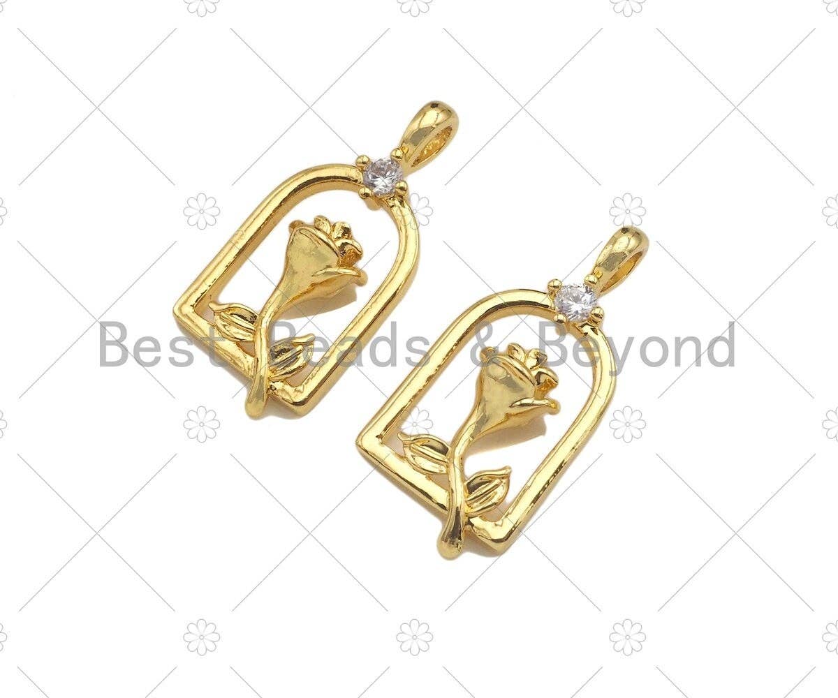 CZ Micro Pave Rose Flower On Birdcage Frame Shape Pendant/Charm, 18K Gold Charm, Necklace Bracelet Charm Pendant,11x23mm, Sku#LK259