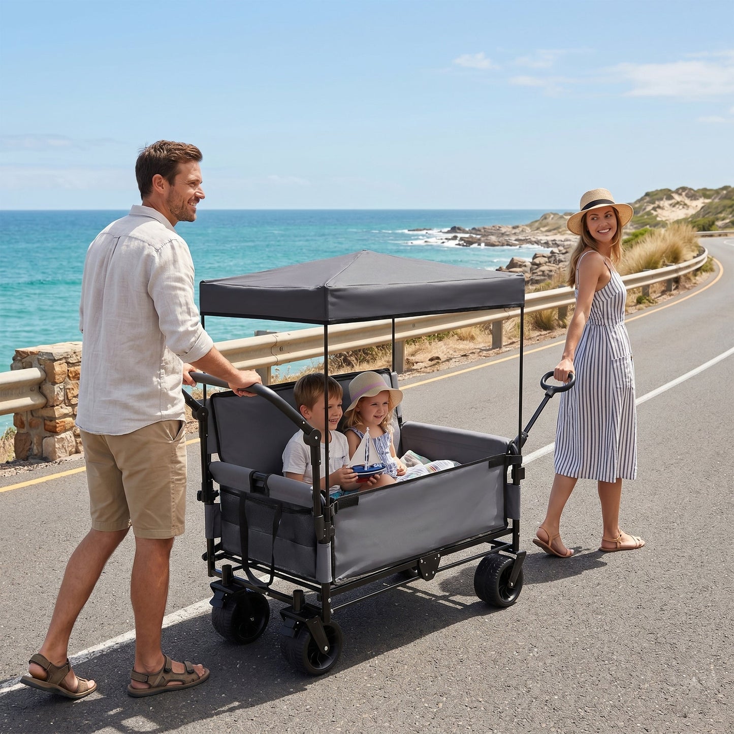 3-in-1 Folding Wagon Cart with Bench Seat & Canopy