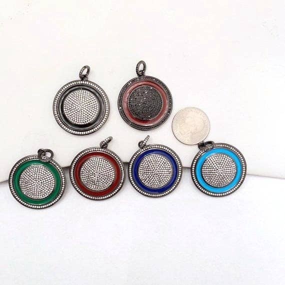 35mm LARGE Enamel Colorful Round CZ Pave Focal Pendant,CZ Micro Pave Oil Drop Round pendant,Enamel pendant,Enamel Jewelry,sku#F596