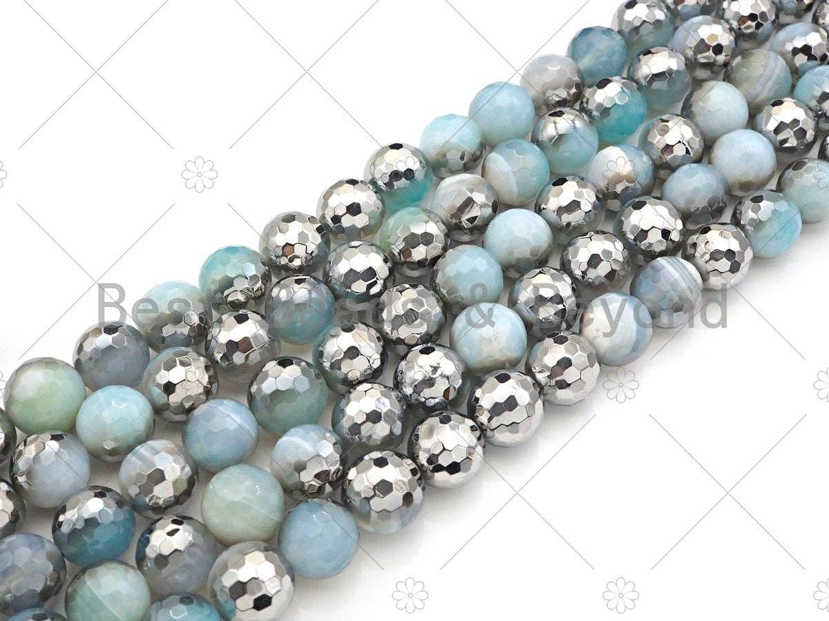 Natural Half Silver Opal Blue Agate Beads, 8mm/10mm/12mm Round Faceted Light Blue Agate Beads, 15.5 Full Strand, sku# UA126