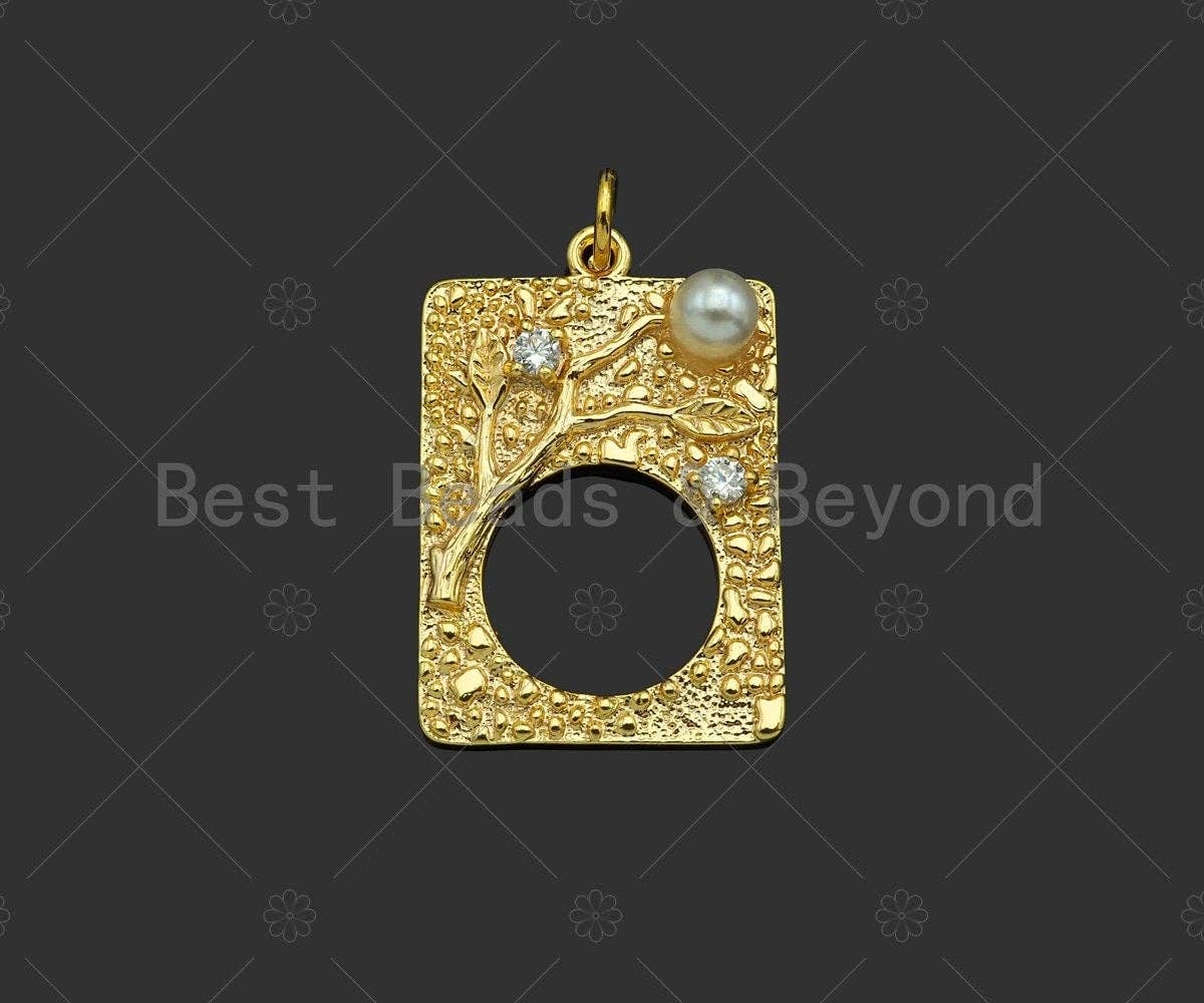 CZ Micro Pave Hollow Out Round Pearl On Rectangle Shape Pendant,14K Gold Filled MOP Charm, Necklace Bracelet Charm Pendant,17x25mm,Sku#ZX34