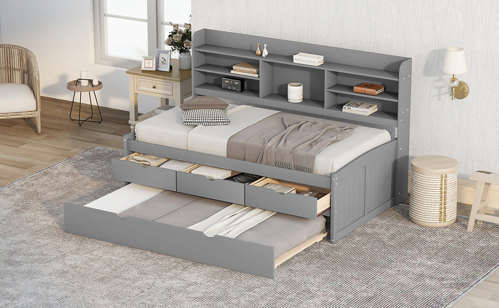 Twin Size Wooden Captain Bed with Built-in Bookshelves